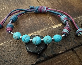 Handcrafted Turquoise Howlite Leather Bracelet, Adjustable Boho Jewelry