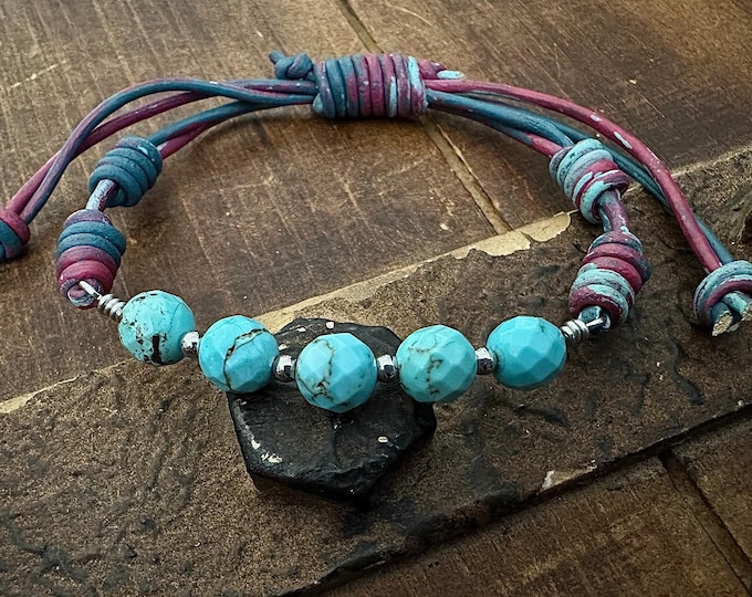 Handcrafted Turquoise Howlite Leather Bracelet, Adjustable Boho Jewelry