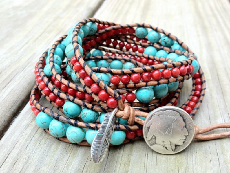 Southwestern Turquoise And Coral Beaded Leather Wrap Bracelet Etsy