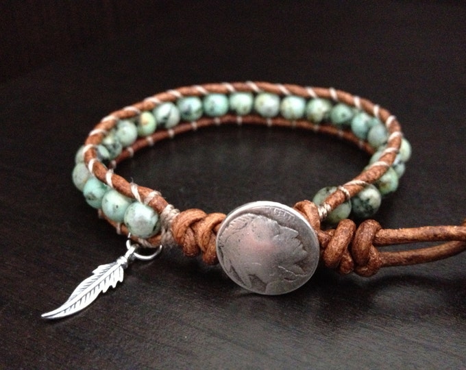 Western Charm Bracelet, Turquoise Gemstone Wrap With Sterling Silver Feather Charm
