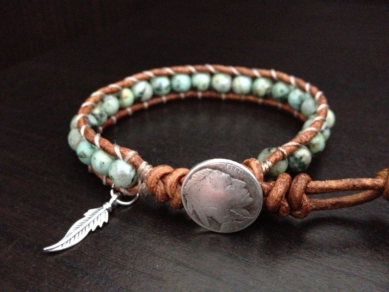 Turquoise Leather Wrap Bracelet With Sterling Silver Feather Charm 