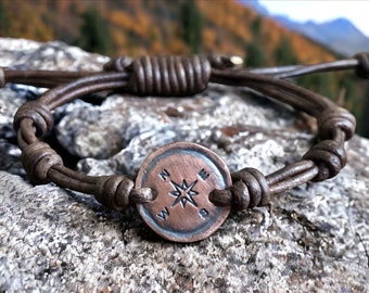 Compass Leather Bracelet, Hand-stamped