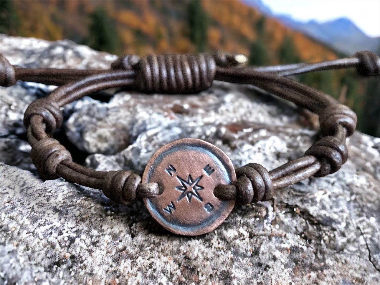 BOSS - Braided brown leather cuff with silver-tone compass plate