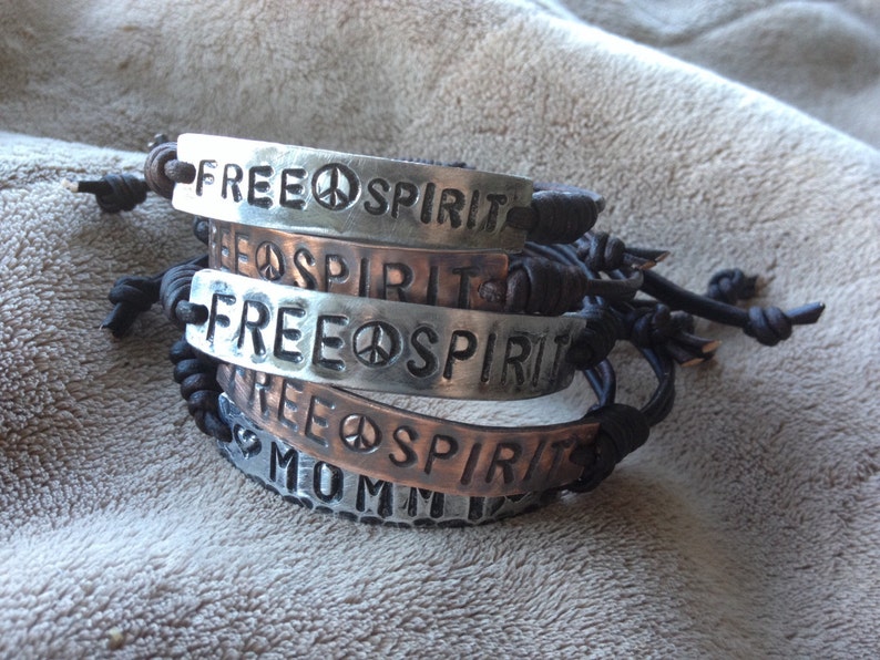 Free Spirit Silver Leather Bracelet, Hand-stamped image 2