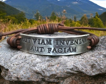 Aut Viam Inveniam Aut Faciam Silver Leather Bracelet, Hand-stamped, Cicero quotes jewelry