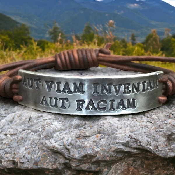 Aut Viam Inveniam Aut Faciam Silver Leather Bracelet, Hand-stamped, Cicero quotes jewelry