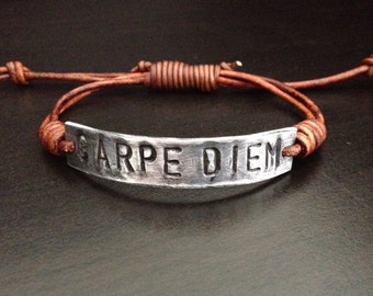 Carpe Diem Silver Leather Bracelet, Hand-stamped