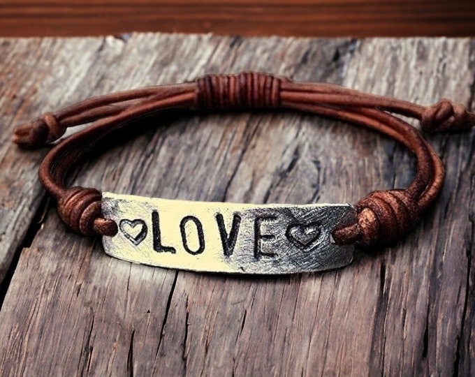 Love Silver Leather Bracelet, Hand-stamped