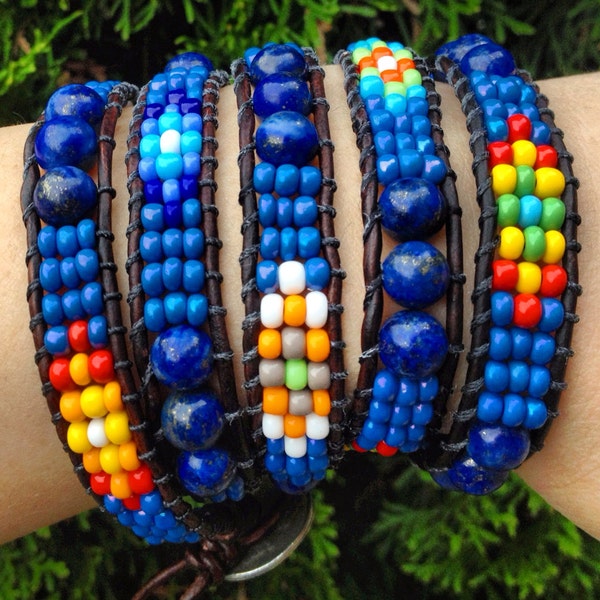 Southwestern Beaded Leather Wrap Bracelet with Lapis Lazuli sterling silver feather and a buffalo nickel clasp western