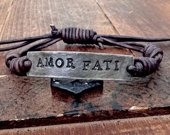 Amor Fati Bracelet, Hand Stamped Pewter Leather, Stoic Philosophy Jewelry
