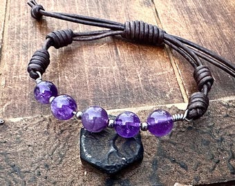 Amethyst Leather Bracelet – Adjustable Purple Gemstone Bracelet – Spiritual Protection Jewelry