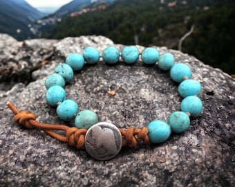 Turquoise Leather Beaded Bracelet with Buffalo Clasp