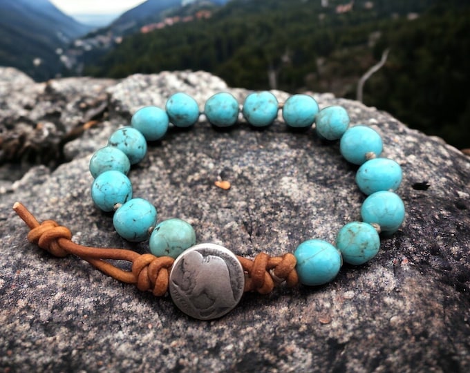 Turquoise Leather Beaded Bracelet with Buffalo Clasp