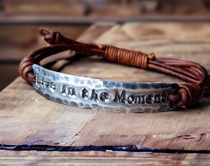 LIve In The Moment Leather Bracelet, Hand-stamped
