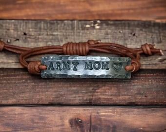Army Mom Pewter Bracelet, Hand Stamped Leather Cord Jewelry