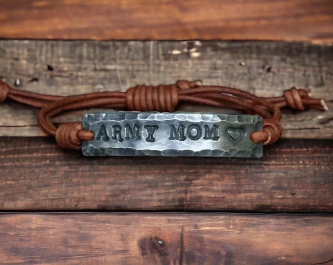 Hand Stamped Pewter Army Mom Bracelet: Leather Adjustable Jewelry