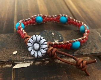 Turquoise and Coral Single Wrap Leather Bracelet with Flower Clasp