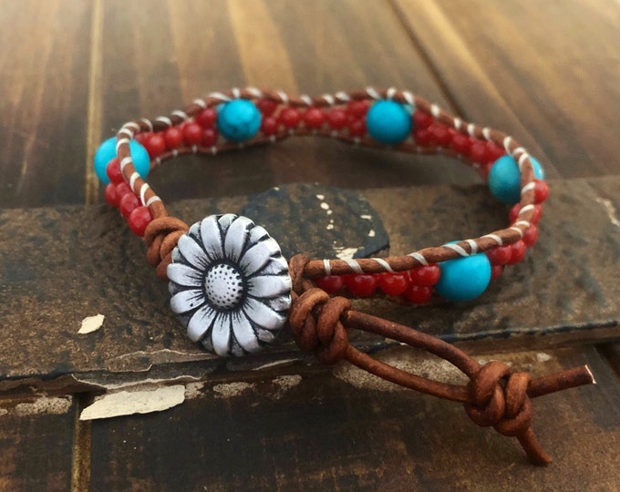 turquoise and coral Single Wrap Leather Bracelet With Flower Button