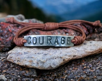 Courage Silver Leather Bracelet, Hand-stamped