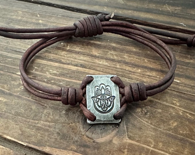 Hamsa Evil Eye Bracelet – Adjustable Leather Cord – Hand-Forged Pewter – Protection Jewelry – Gift for Him or Her