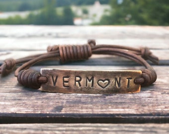 Vermont Silver Leather Bracelet, Hand-stamped