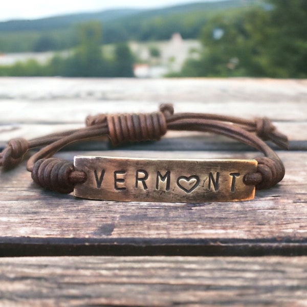 Vermont Silver Leather Bracelet, Hand-stamped