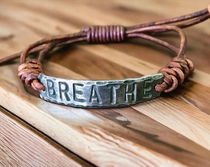Breathe Silver Leather Bracelet, Hand-stamped