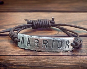 Warrior Silver Leather Bracelet, Hand-stamped