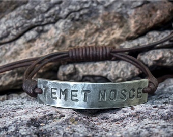 Temet Nosce Silver Leather Bracelet, Hand-stamped