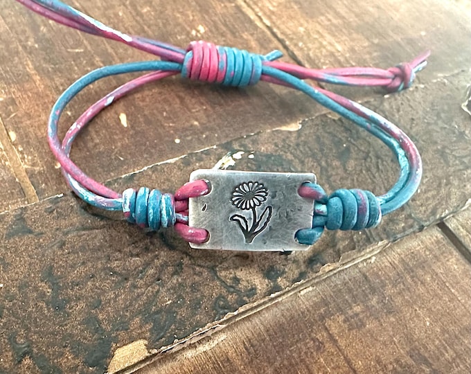 Hand Stamped Daisy Bracelet | Rustic Pewter Leather Cuff, Boho Floral Jewelry