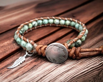 Western Charm Bracelet, Turquoise Gemstone Wrap With Sterling Silver Feather Charm