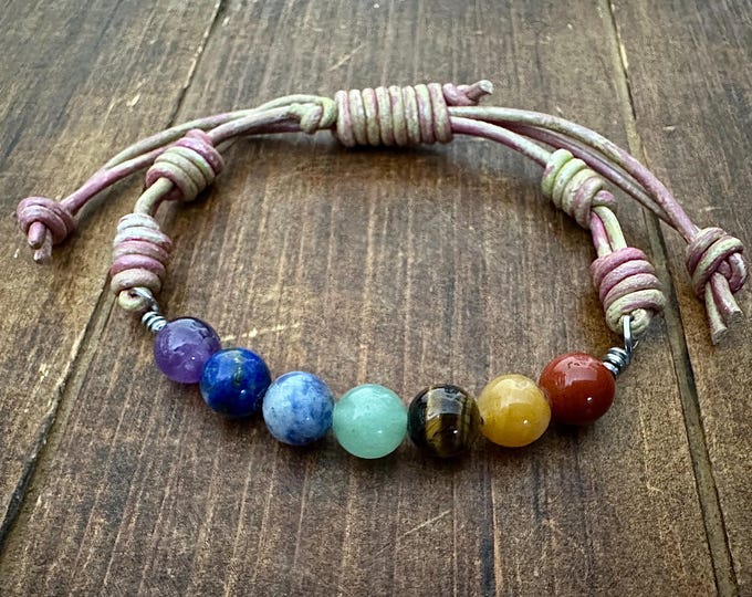 Seven Chakra Leather Bracelet, Adjustable Gemstone Bracelet, Lapis Aventurine Tiger Eye Yoga Jewelry