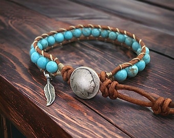 Southwestern Turquoise Leather Wrap Bracelet With Sterling Silver Feather Charm