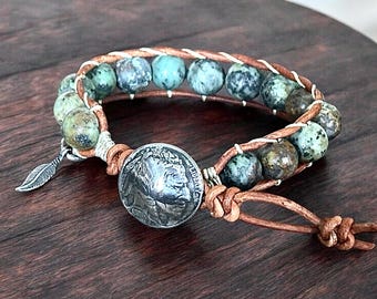 Western Charm Bracelet, Turquoise Gemstone Wrap With Sterling Silver Feather Charm