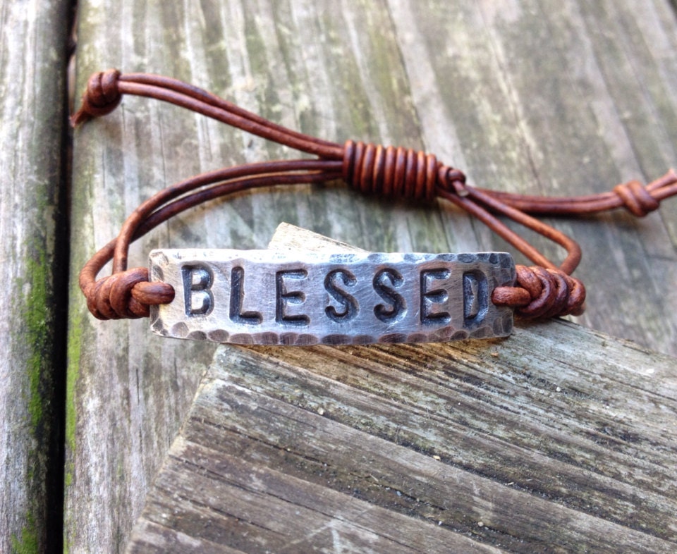 BLESSED ID Bracelet silver leather Hand Stamped Etsy