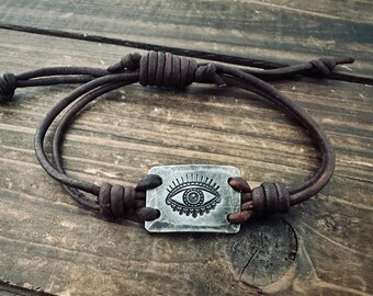 Pewter Evil Eye Bracelet, Adjustable Leather Cord Bracelet, Protective Talisman Jewelry