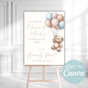 Op de afbeelding: Een bord voor een gender reveal party op een ezel. Het bord toont een teddybeer met ballonnen in pastelkleuren. Tekst bevat "Claire & Mark's Gender Reveal Party" en "Bearly Wait". Het bord is te bewerken in Canva.