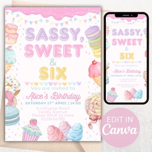 Personalised Sassy Sweet and Six Birthday Invitation, Editable 6th Birthday Girl Invite, Candy Theme Party Invite, 5x7inch & Mobile send