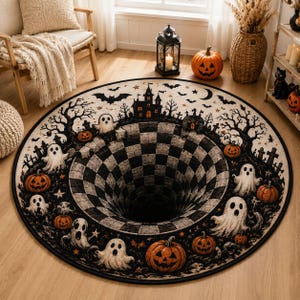 May include: A round area rug featuring a 3D optical illusion of a black and white checkered hole in the center. The border displays a Halloween theme with orange jack-o'-lanterns, white ghosts, bare trees, a haunted house, and bats on a cream background.