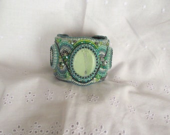 Bead embroidered cuff bracelet with Australian citron phrase semi-precious stone