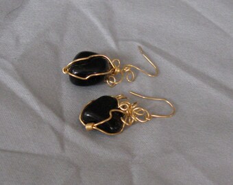 Wire wrapped obsidian nugget earrings