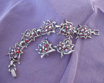 Sarah Coventry red aurora borealis rhinestone bracelet and earring set