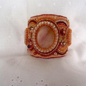 Bead embroidered cuff bracelet with Wisconsin quartz