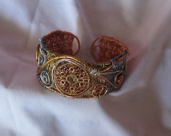 Mixed metal wirework cuff bracelet, handmade with rhinestones