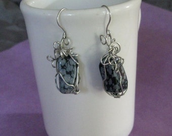 Snow flake obsidian free form wrapped asymmetrical earrings