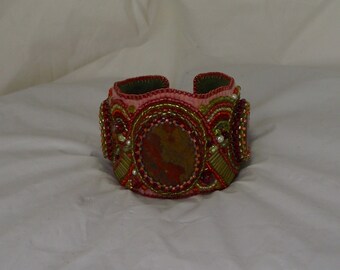 Poppy Jasper bead embroidered cuff bracelet