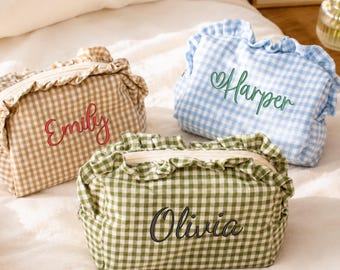 Personalized Ruffle Gingham  Name Bag: Bridesmaid Proposal Gift, Bride Morning Makeup Bag, Travel cosmetic bag,Gift for her