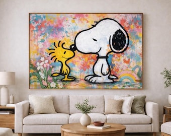 Snoopy en Woodstock graffiti kunst, kleurrijk cartoon straatschilderij op canvas, moderne woondecoratie
