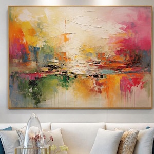 Puede incluir: Una gran pintura al óleo abstracta rectangular que presenta una paleta de colores vibrantes de amarillo, naranja, rosa, verde y azul. La obra muestra pinceladas gruesas y texturizadas con goteos de pintura visibles.