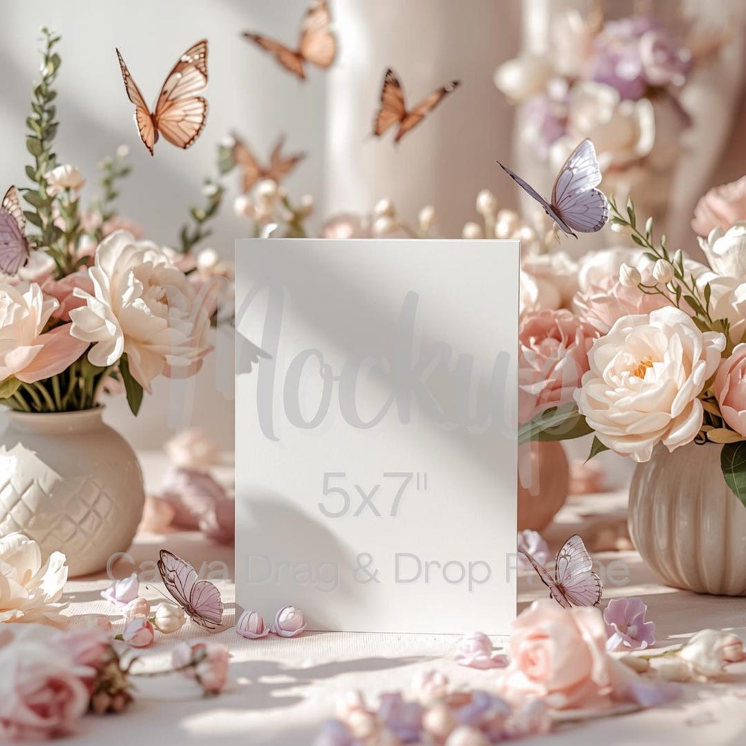 Invertion Scene Pink Butterfly Baby Shower Mockup | Garden Table Invitation Scene ...